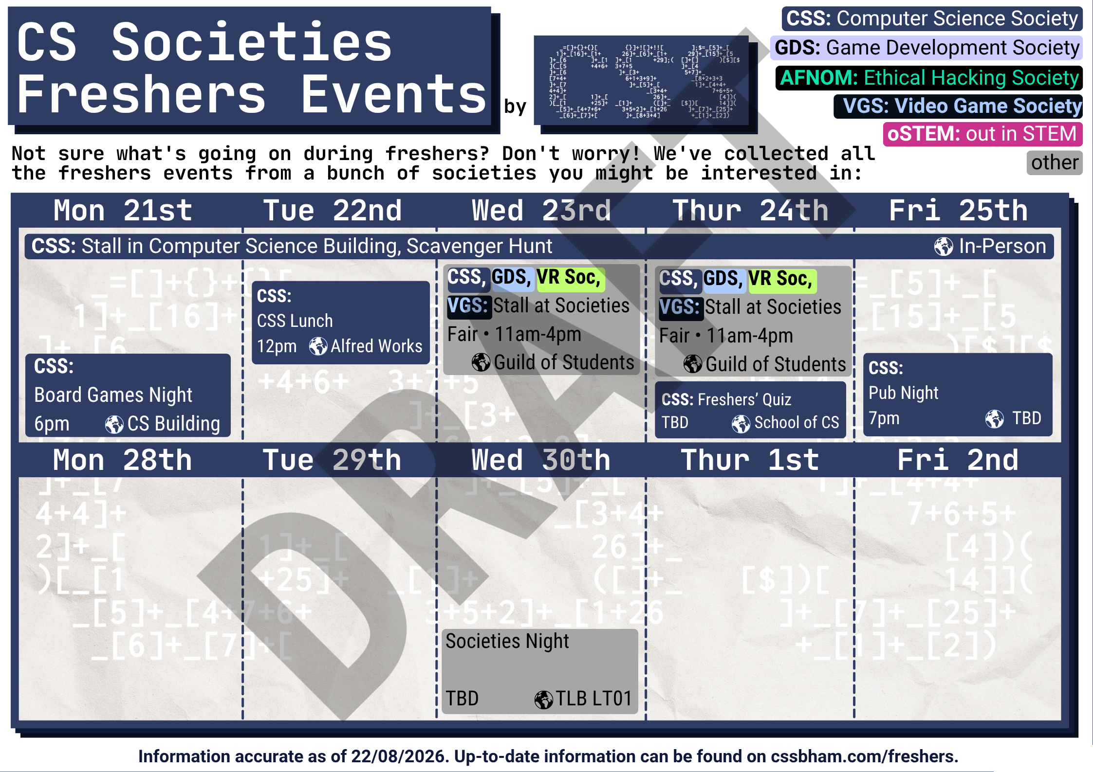 CS Societies Freshers events calendar for 22 September to 3 October 2025, including CSS, GDS, AFNOM, VGS, oSTEM and other societies.